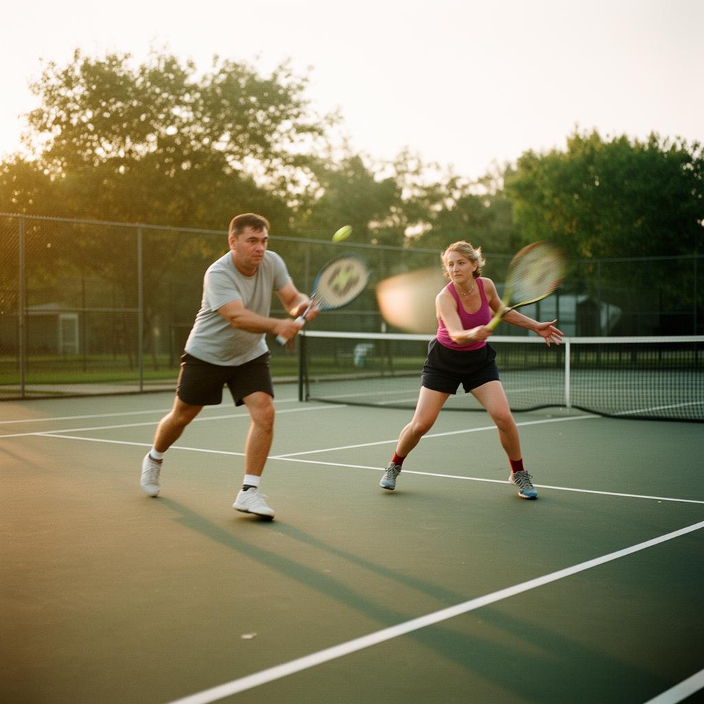 Two adults playing recreational tennis on a public court in golden afternoon light